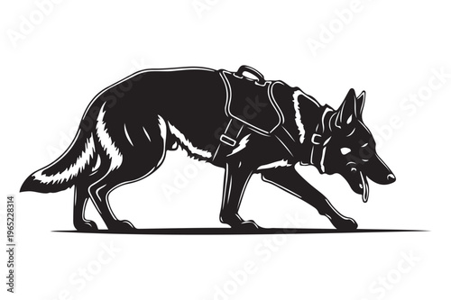 German shepherd dog silhouette wearing service harness with dog breed