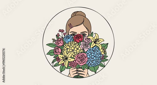 Person holding a bouquet of colorful flowers, face partially obscured by blooms