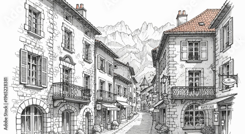 Detailed Pen and Ink Drawing of a Charming European Street Scene