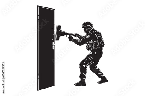 Soldier breaking down door with ram vector illustration