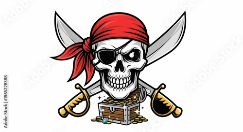 Pirate skull with crossed swords, treasure chest overflowing with gold coins and jewels