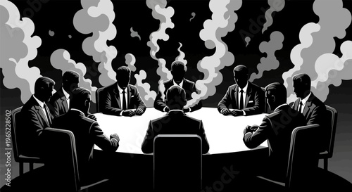 Silhouetted figures in suits around a round table, smoke billowing