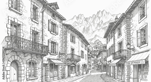 Detailed Black and White Illustration of a Charming European Street Scene
