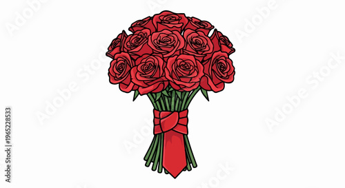 A bouquet of bright red roses tied with a red ribbon