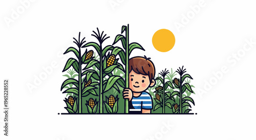 A boy peeks from behind tall corn stalks under a bright yellow sun
