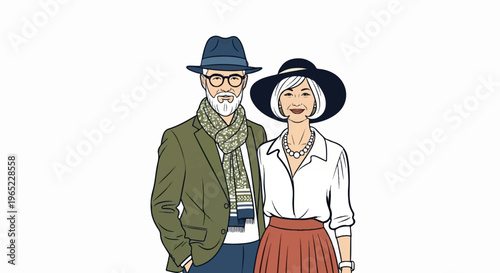 Stylish older couple in fashionable attire, smiling warmly