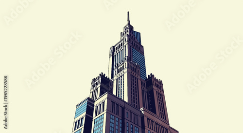 Stylized pixel art depiction of a tall, ornate skyscraper against a pale sky