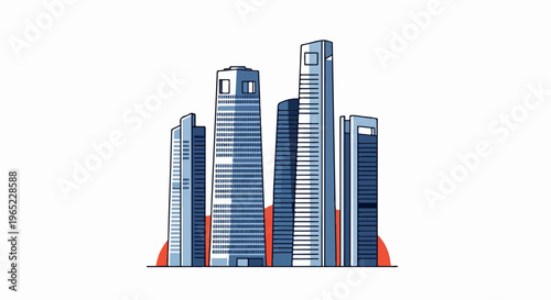 Stylized sketch of a city skyline with blue skyscrapers and red circular accents