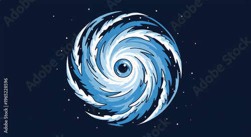 Stylized, swirling hurricane with an eye in the center, against a dark sky