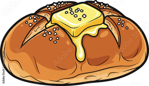 A cartoon illustration of a golden-brown bread roll with melting butter and salt