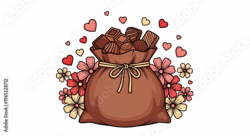 A brown sack overflowing with assorted chocolates, surrounded by floral decorations and hearts