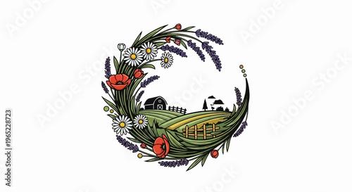 A circular design of a farm scene surrounded by poppies, daisies, and lavender