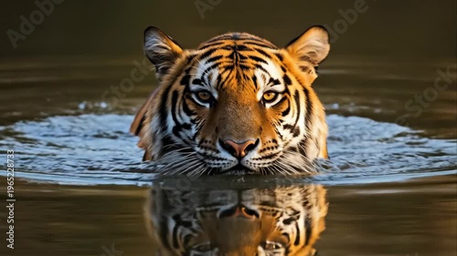 Tracking shot of tiger swimming toward camera through river water with reflected gaze during golden hour dusk