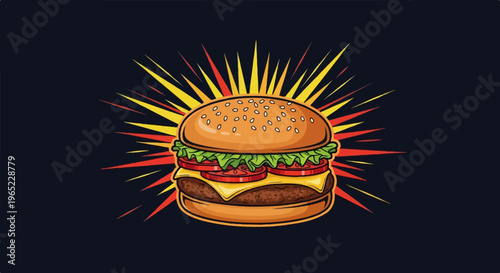 A delicious hamburger bursting with flavor and color