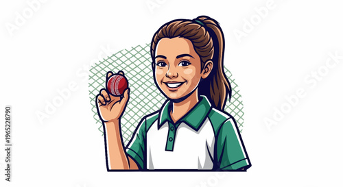 Young girl holding a cricket ball, smiling in front of a net