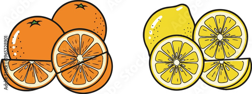 Two groups of citrus fruits, oranges and lemons, whole and sliced, are displayed