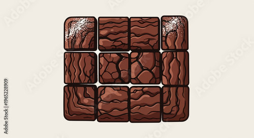 Twelve square textured chocolate brownie pieces arranged in a grid