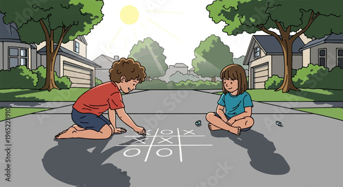 Two children play tic-tac-toe on a sunny day in a suburban neighborhood