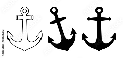 Solid black icon, white background: anchor icon set with simple line art design featuring outline, illustration, graphic elements with clean design and vector art