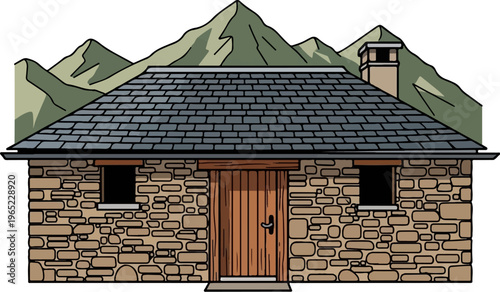 A stone cottage with a slate roof sits before rolling green mountains