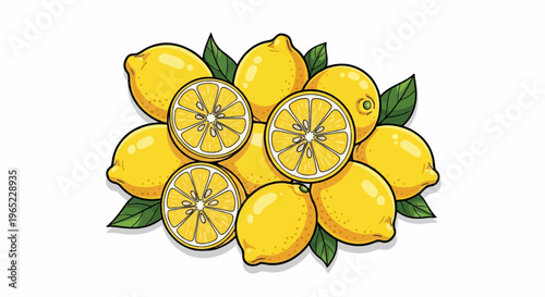 A bright pile of fresh lemons, whole and halved, with green leaves