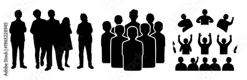 Crowdfunding group set with solid black icon silhouette on white background featuring crowd, giving, collective with charity and support
