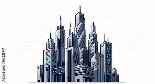 A stylized cityscape with various modern skyscrapers of different heights and designs
