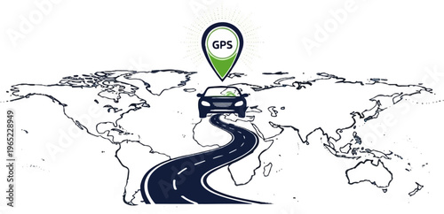 A car drives along a winding road on a stylized world map with a GPS marker