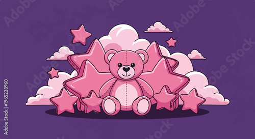 A cheerful pink teddy bear sits amidst puffy clouds and sparkling stars against a purple background