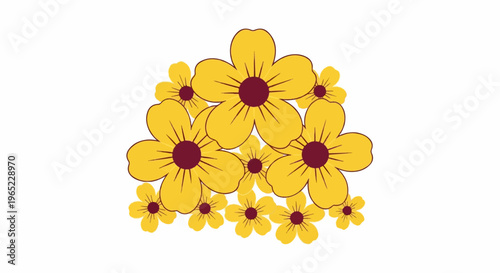 A cluster of cheerful yellow flowers with dark red centers and thin brown lines