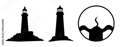 Lighthouse icon set with solid black icon on white background featuring lighthouse, navigation, maritime with outline and silhouette