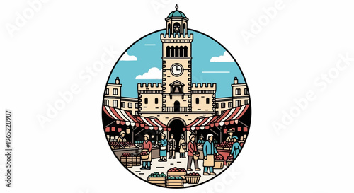 A bustling marketplace with fruit vendors and a clock tower in a circular frame