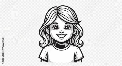 A cheerful young girl with wavy hair, wearing a simple t-shirt, smiling broadly