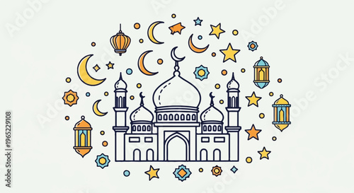 Stylized mosque with crescent moons, stars, and lanterns against a light background