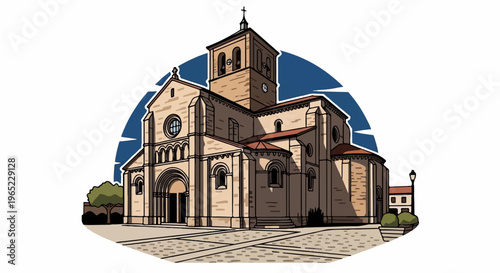 Stylized illustration of a large stone church with a bell tower and arched entrance