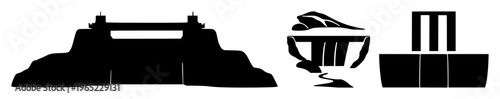 Hydroelectric dam set with solid black icon on white background featuring water power, energy infrastructure with dams and turbines