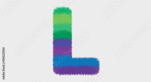 A fuzzy letter "L" with a gradient of green to purple hues on a plain white background