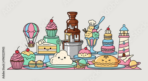 A whimsical collection of cartoon desserts and treats, including cakes, ice cream, and a hot air balloon