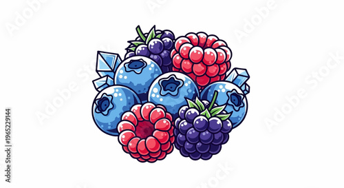 A vibrant cluster of blueberries, raspberries, blackberries, and ice crystals