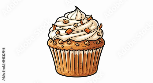 A frosted cupcake with nuts and carrot pieces, set against a white background