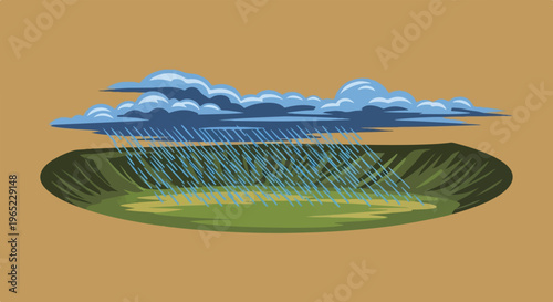 Stormy clouds release a downpour onto a grassy, hilly landscape