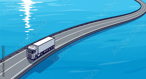 A white semi-trailer truck drives on a curved bridge over blue water with sun reflections
