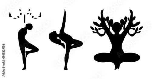 Yoga tree pose set with solid black icon and white background featuring yoga, tree pose, silhouette with black and white and icon