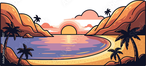 A vibrant pixel art sunset over a calm bay with palm trees