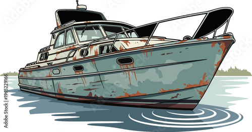 Abandoned, rusty vessel floats on rippling water near forested shore