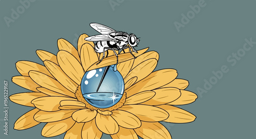 A detailed illustration of a fly perched on a sunflower, drinking a droplet of water