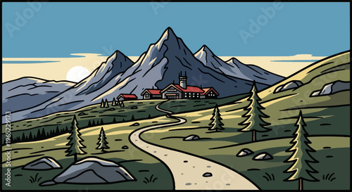 A winding path leads to a mountain lodge nestled below majestic, snow-capped peaks