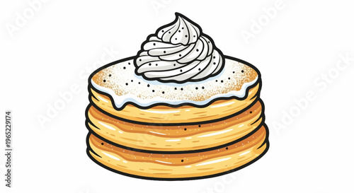 Stacked golden pancakes topped with fluffy white cream and dusting