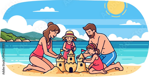 A family is building sandcastles on a sunny beach day by the ocean