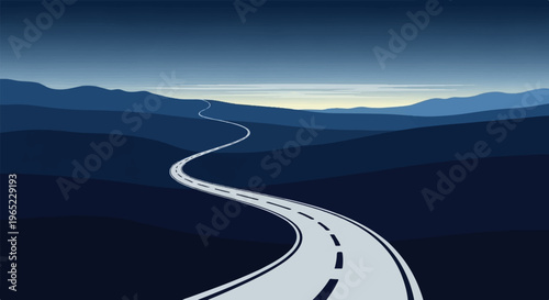 A winding road traverses dark blue, layered mountains under a pale dawn sky